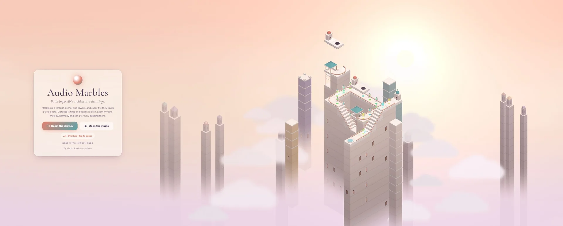 Marble tracks wind around a pastel tower above the clouds in Audio Marble.