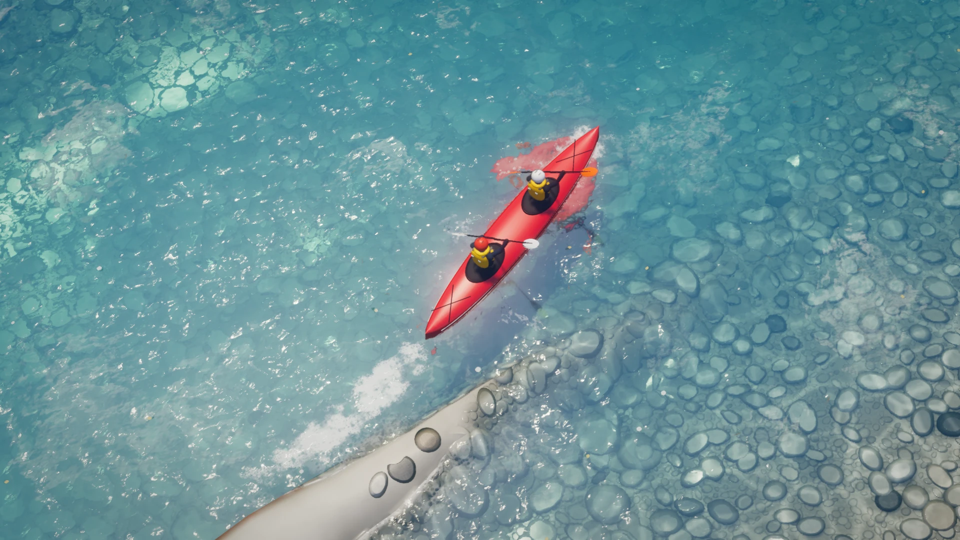 Two paddlers in a red tandem kayak on clear turquoise water in Morning Drift.