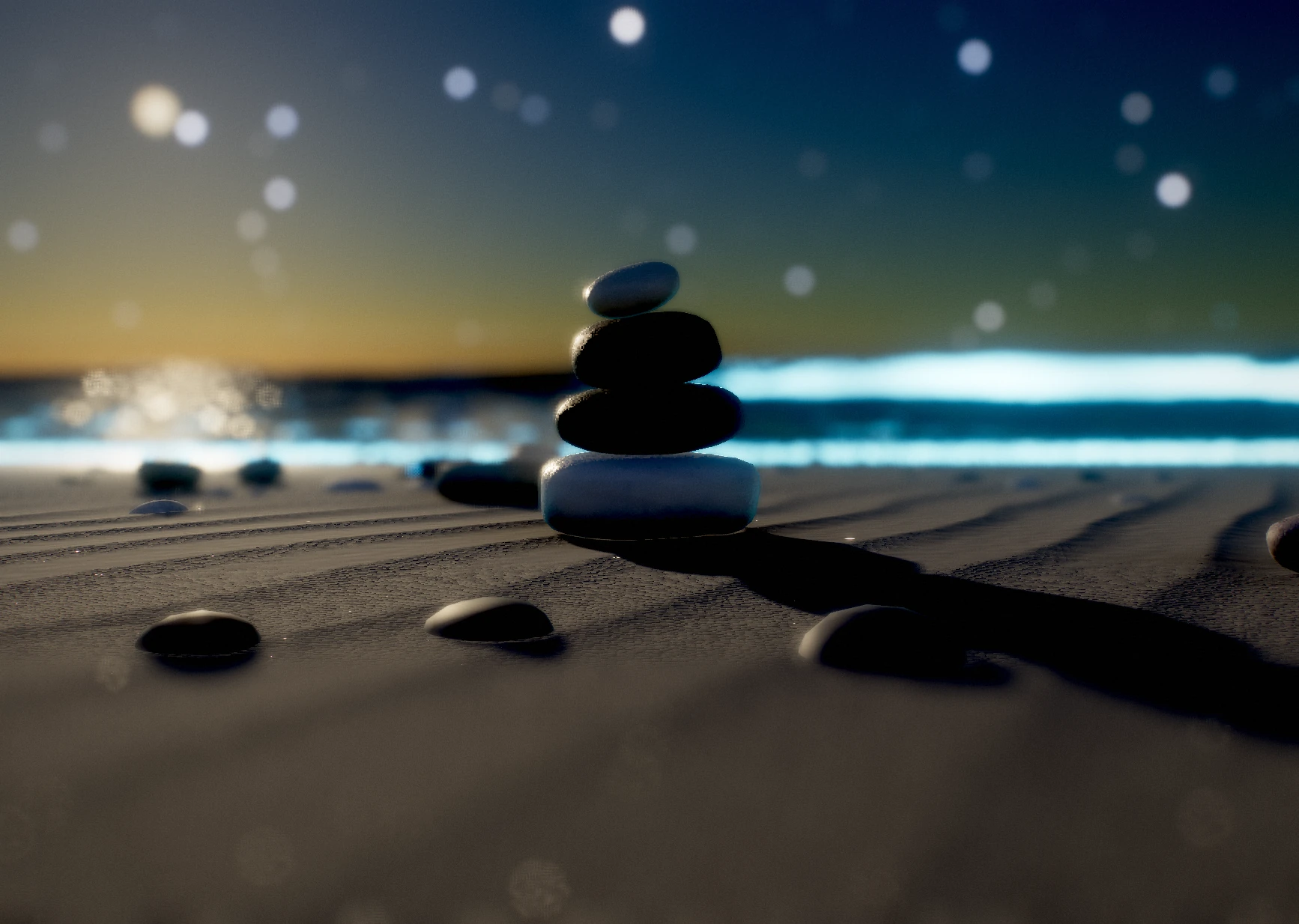 A cairn beneath the stars beside the luminous surf of Moon Tide in Need for ZEN.