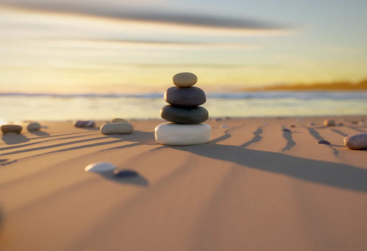 Four smooth stones stacked on rippled sand with long sunset shadows in Need for ZEN’s path-traced photo render.